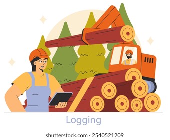 Logging industry concept. Lumberjack with tablet and machinery at work in the forest. Sustainable forestry and timber harvesting. Vector illustration.