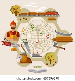 Logging industry concept. Woodcutter, deforestation, preparation of firewood, power-saw bench, transportation of logs by train. Logging industry vector 