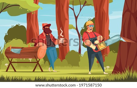 Logging industry lumberjacks working in forest drinking coffee sawing tree trunk with electric saw cartoon vector illustration