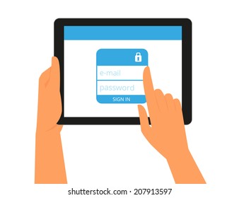 Logging into the account on tablet pc. Flat illustration of human hands hold tablet pc computer with authorization form for e-mail or social networks account