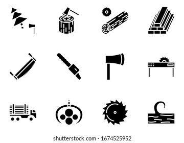 Logging line icon set isolated over white, forestry equipment, logging truck, timber, wood, lumber, tools. Vector illustration