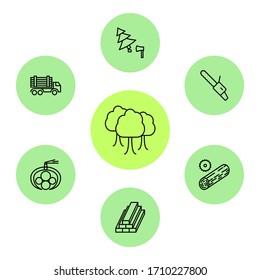 Logging line icon set isolated over white, forestry equipment, logging truck, timber, wood, lumber, tools. Vector illustration