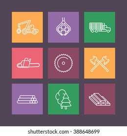 Logging line icons, forestry, timber, tree harvester, truck with timber, lorry, sawmill, logging truck, flat icons on squares, vector illustration