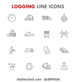 Logging line icons isolated over white, sawmill, forestry equipment, logging truck, tree harvester, timber, lumberjack, wood, lumber, 