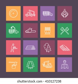 Logging line icons on color squares, timber harvester, logging truck, timber, lumberjack, lumber icons, vector illustration