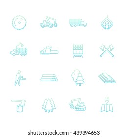 Logging line icons set, sawmill, forestry equipment, logging truck, tree harvester, timber, wood, lumber, vector illustration
