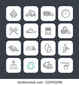 Logging line icons set, timber harvester, logging truck, lorry, lumberjack, lumber, sawmill