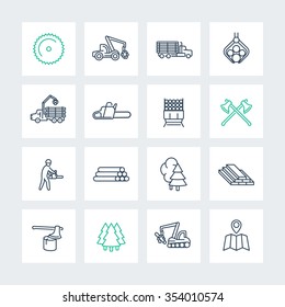 Logging line icons in squares, sawmill, logging truck, tree harvester, timber, lumberjack, lumber, vector illustration