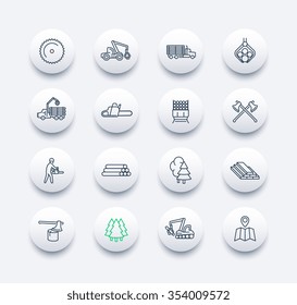 Logging line round modern icons, sawmill, logging truck, tree harvester, timber, lumberjack, wood, lumber, vector illustration