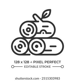 Logging linear icon. Tree cutting. Timber wood. Forest management. Wood harvest, processing and production. Thin line illustration. Contour symbol. Vector outline drawing. Editable stroke