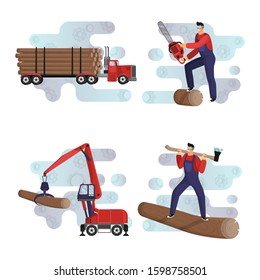 Logging, loading and transportation of wood, logs. Special equipment for the logging industry. Timber handling machine and timber carrying vessel. Set of flat vector cartoon icons, illustrations