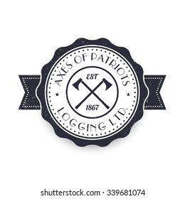 Logging, lumber company vintage logo, logotype, sign template with lumberjacks axes over white, vector illustration
