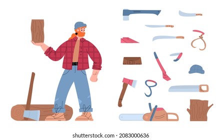 Logging and lumber manufacturing icons or symbols collection with lumberjack male character, flat cartoon vector illustration isolated on white background.