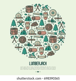 Logging and lumberjack with beard concept in circle and related thin line icons: jack-plane, sawmill, forestry equipment, timber, lumber. Vector illustration for banner, web page, print media.
