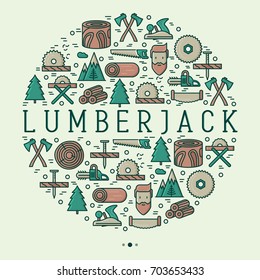 Logging and lumberjack with beard concept in circle and related thin line icons: jack-plane, sawmill, forestry equipment, timber, lumber. Vector illustration for banner, web page, print media.