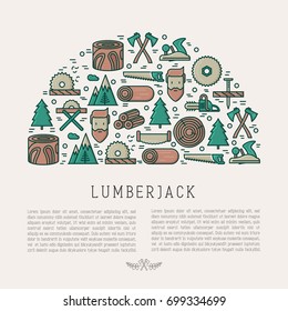 Logging and lumberjack with beard concept in half circle and related thin line icons: jack-plane, sawmill, forestry equipment, timber, lumber. Vector illustration for banner, web page, print media.