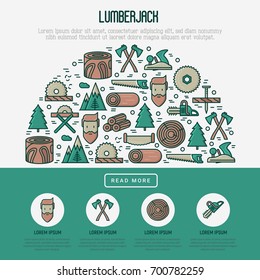 Logging and lumberjack with beard concept in half circle and related thin line icons: jack-plane, sawmill, forestry equipment, timber, lumber. Vector illustration for banner, web page, print media.