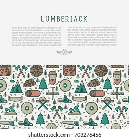 Logging and lumberjack with beard concept and related thin line icons: jack-plane, sawmill, forestry equipment, timber, lumber. Vector illustration for banner, web page, print media.