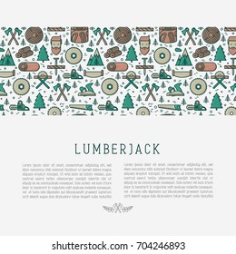 Logging and lumberjack with beard concept and related thin line icons: jack-plane, sawmill, forestry equipment, timber, lumber. Vector illustration for banner, web page, print media.