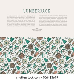 Logging and lumberjack with beard concept and related thin line icons: jack-plane, sawmill, forestry equipment, timber, lumber. Vector illustration for banner, web page, print media.