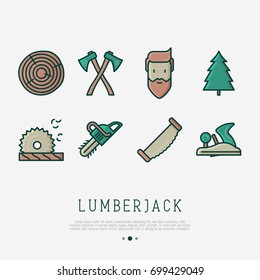 Logging and lumberjack with beard and related thin line icons: chainsaw, jack-plane, forestry equipment, timber, lumber. Vector illustration.