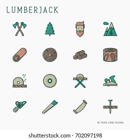 Logging and lumberjack with beard and related thin line icons: jack-plane, sawmill, forestry equipment, timber, lumber. Vector illustration.