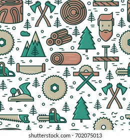 Logging and lumberjack with beard seamless pattern with related thin line icons: jack-plane, sawmill, forestry equipment, timber, lumber. Vector illustration for banner, web page, print media.