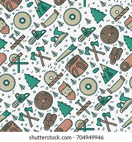 Logging and lumberjack with beard seamless pattern and related thin line icons: jack-plane, sawmill, forestry equipment, timber, lumber. Vector illustration for banner, web page, print media.