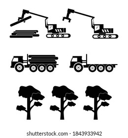Logging Machine Logger Loader. Icon depicting heavy machinery equipment and trucks used for logging and deforestation. Black and white EPS Vector