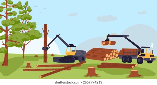 Logging machines cutting down trees. Destroying forest. Natural disaster. Stumps in desolate area. Logs chopping. Nature ecosystem damage and deforestation. Environment conservation. Vector concept