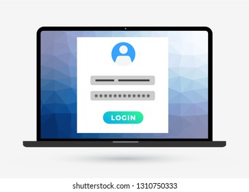 Logging on, signing in, or signing on icon. Single sign-on form. Laptop computer with login page on screen. Modern flat style design registration or login page. Vector illustration on grey background.