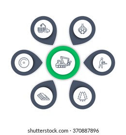 Logging, sawmill, forestry equipment, logging truck, tree harvester, timber, lumberjack, wood, lumber, infographic elements, line icons, vector illustration