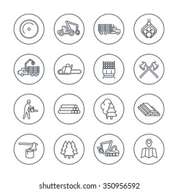 Logging, sawmill line icons in circles, logging truck, tree harvester, timber, lumberjack, wood, lumber, vector illustration