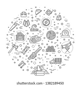 Logging, sawmill line icons. Instruments for working with wood