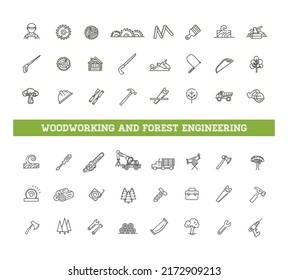 Logging, sawmill line icons. Instruments for working with wood. Forest Engineering