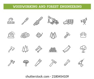 Logging, sawmill line icons. Instruments for working with wood. Forest Engineering