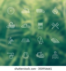 Logging, sawmill line white icons, logging truck, timber, lumberjack, wood, tree harvester, vector illustration