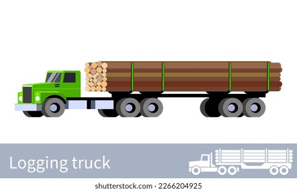 Camión semirremolque de tala que transporta grandes montones de troncos de madera. Industria del transporte forestal. Vista lateral frontal de la ilustración aislada del vector colorido