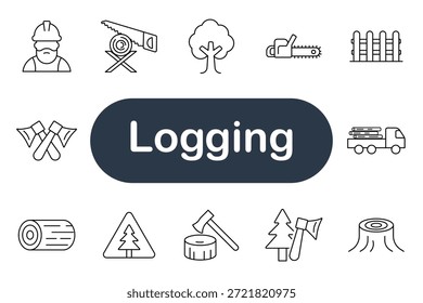 Symbol für Protokollierungssatz. Holzfäller, Säge, Axt, Baum, LKW, Stumpf, Baumstamm, Wald, Zaun, Werkzeug, Gefahr, Schnitt, Holz, Natur, Arbeit, Arbeit, Industrie, Holz, Umwelt, Ausrüstung