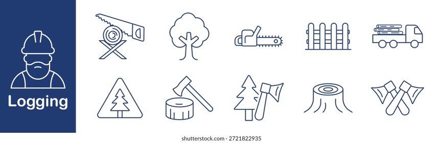 Ícone do conjunto de logs. Trabalhador, serra, árvore, motosserra, cerca, caminhão, toco, machado, sinal, madeira. Silvicultura, madeira, corte, equipamento, transporte, perigo, madeira, desmatamento, ferramenta, natureza.
