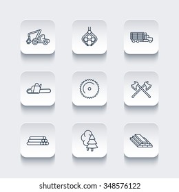 Logging, timber, forestry, tree harvester, logging truck line icons, rounded square set, vector illustration