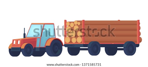 Logging tractor isolated on\
white background. Tractor with trailer for transportation of raw\
wood and timber products. Foresty industry. Vector flat\
illustration.