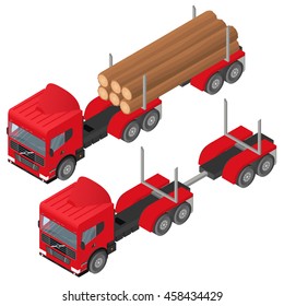 Logging truck in isometric. A bunch of logs in the body of the red vehicle. The industry of construction. Deforestation. Forest cutting. Cargo transport. Vector illustration.