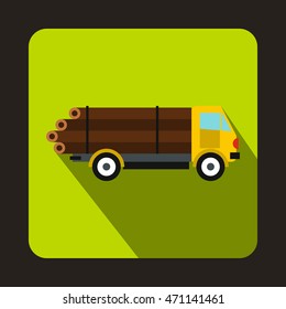 Logging truck logs icon in flat style with long shadow. Felling symbol