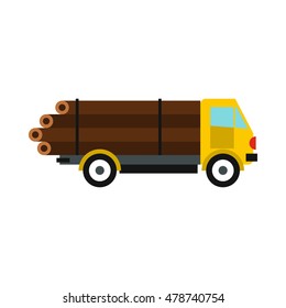 Logging truck with logs icon in flat style isolated on white background. Felling symbol vector illustration