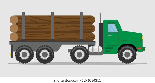 Logging truck on the road. Isolated on white background. Wood production and forestry. Vector illustration.