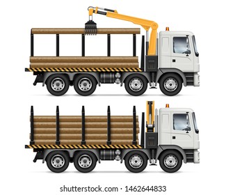 Logging truck side view isolated on white background. Forestry and wood production vehicle vector mockup. All elements in the groups on separate layers for easy editing and recolor