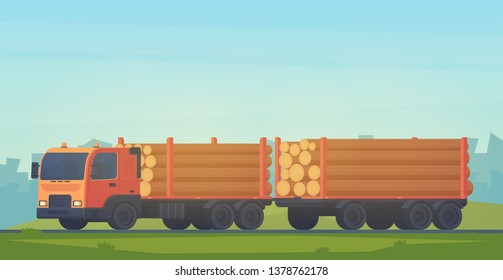 Logging truck with trailer for transportation of raw wood and timber products. Foresty industry. Vector flat illustration.