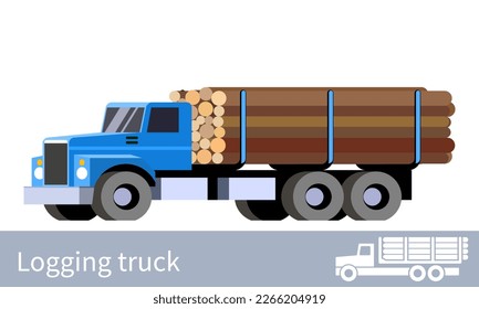 Logging truck transporting large mounts of wooden logs. Forestry transportation industry. Front side view of colorful vector isolated illustration