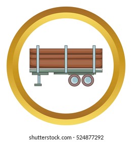 Logging truck vector icon in golden circle, cartoon style isolated on white background